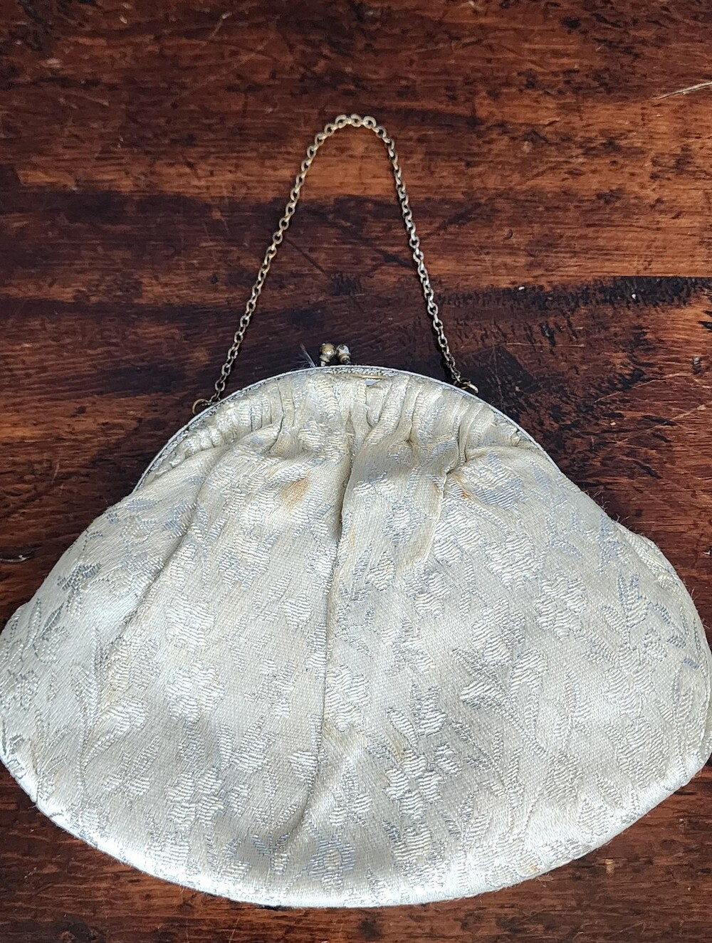 Vintage Silver Ivory Brocade Frame Kiss-Lock Evening Clutch Bag Wedding Stained